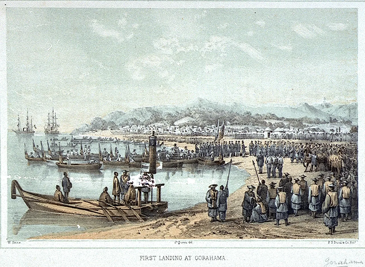 An American landing party forms long military ranks on the shore at Kurihama while boats approach and two steamships sit on the horizon.