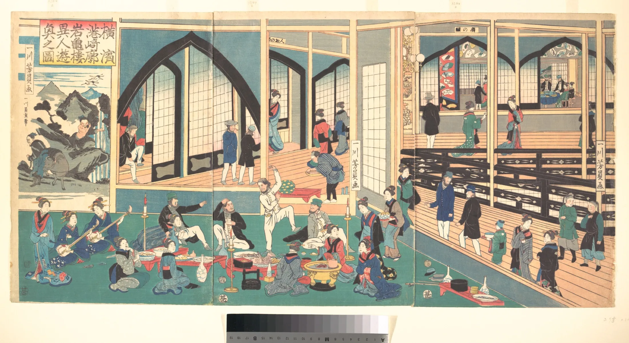 A Japanese colour triptych shows foreign men eating, drinking, singing, and dancing with courtesans and servants inside a crowded multi-level pleasure-house interior.