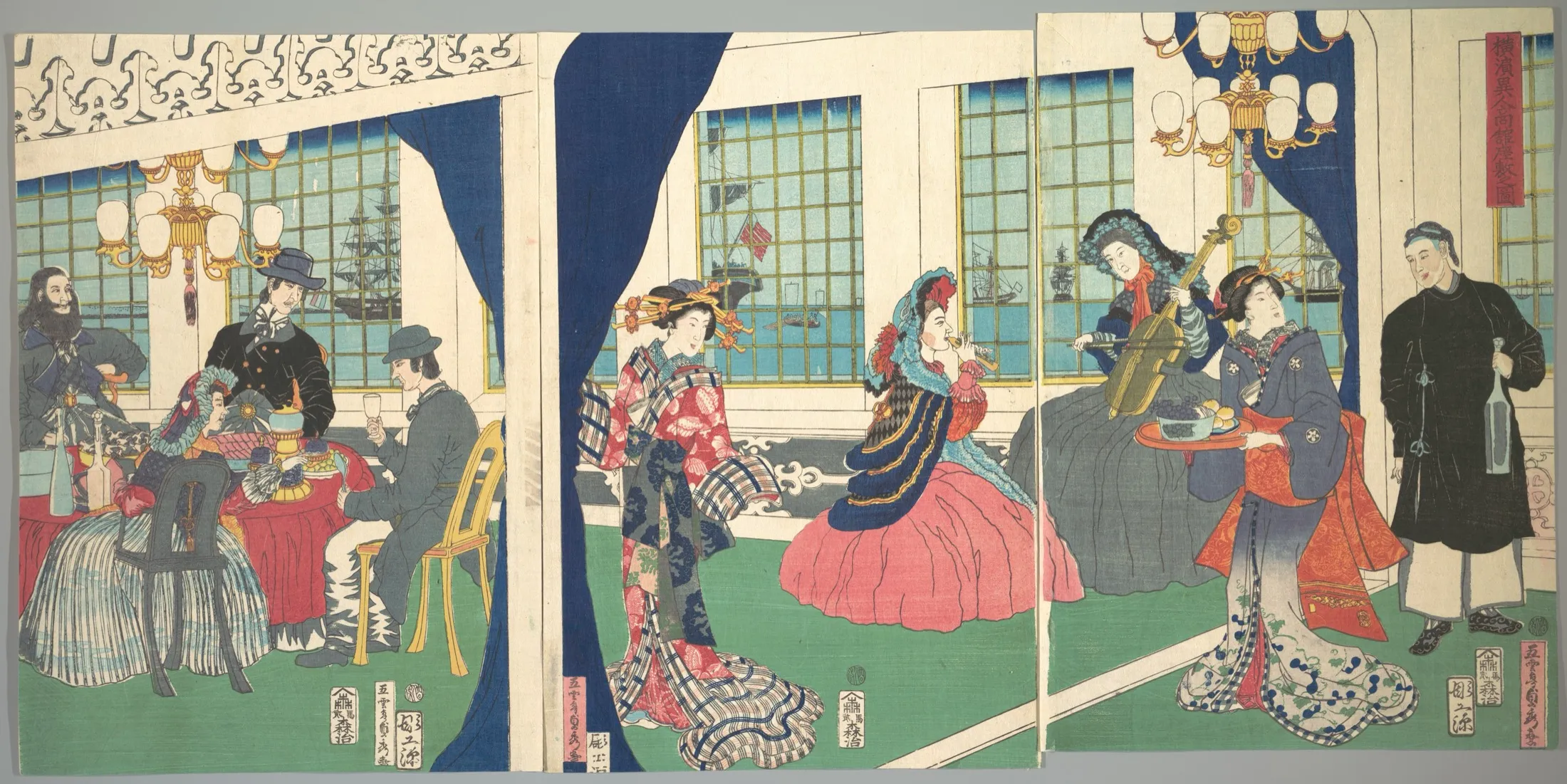 A colourful Japanese triptych imagines a Western merchant family in an elaborate drawing room, with foreign ships visible through the windows.