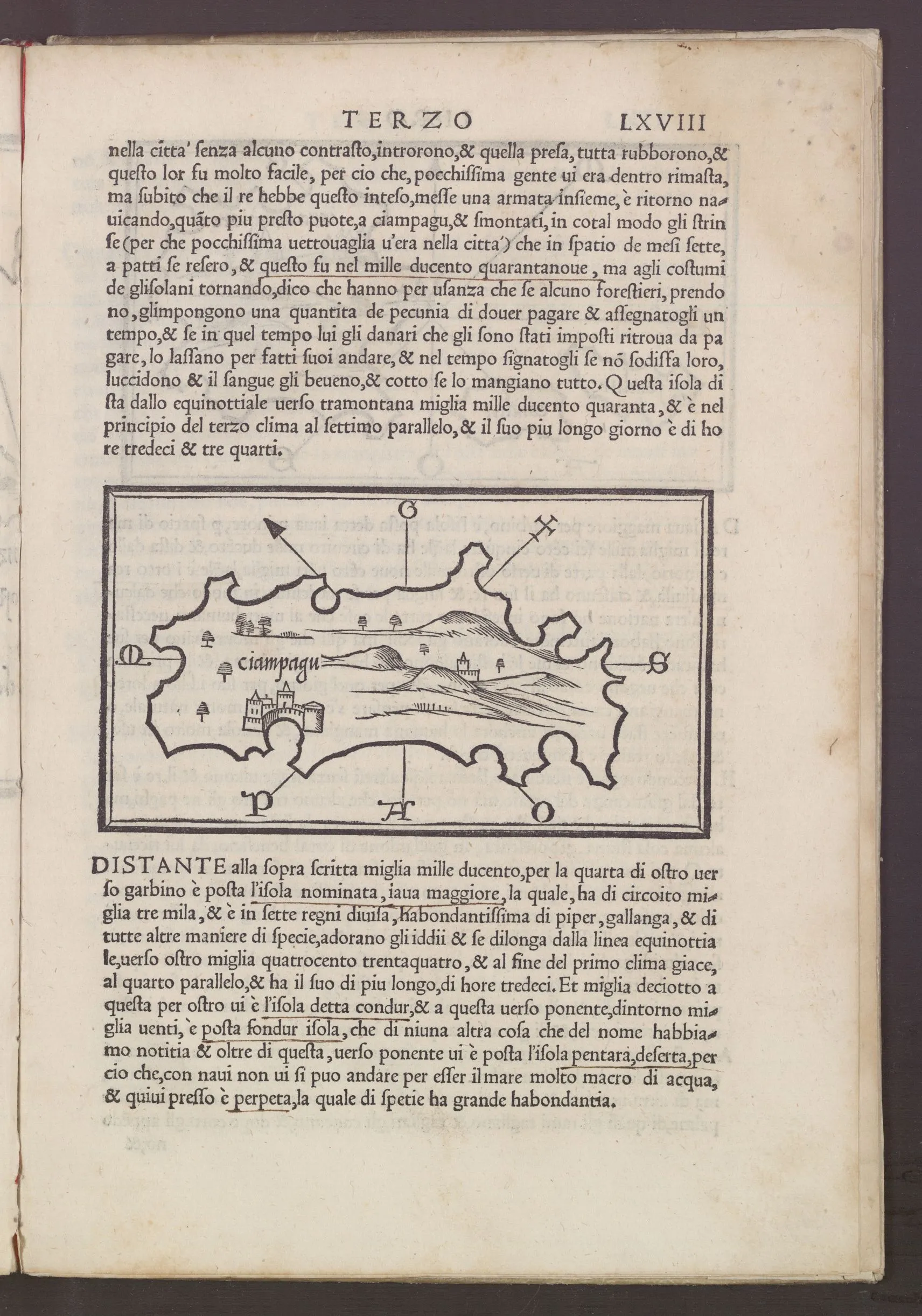 A printed page headed Terzo LXVIII with a rectangular woodcut map of the island Ciampagu, showing an invented jagged coastline, hills, trees, and fortified settlements.