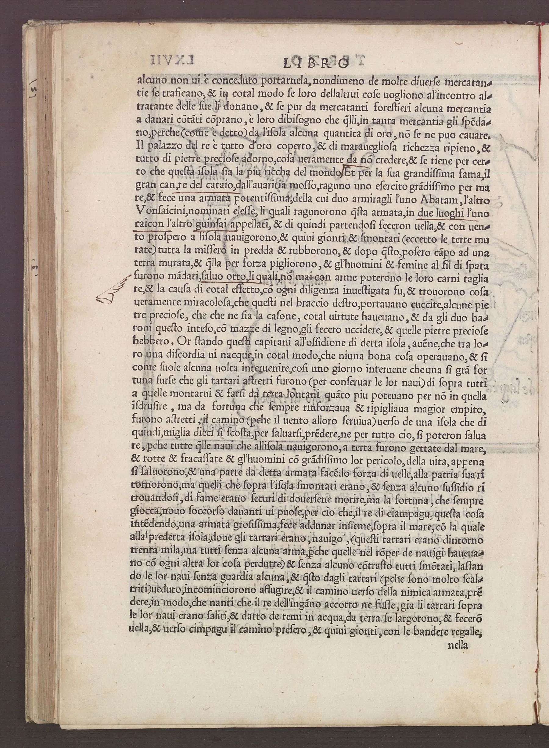 A full printed page in Italian describing Ciampagu, its gold, royal palace, and the failed invasion by the Great Khan's forces.