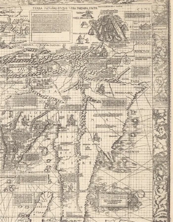 A cropped facsimile of the Carta marina showing East Asia, its coastlines, islands, ships, mountain ranges, and dense explanatory labels.
