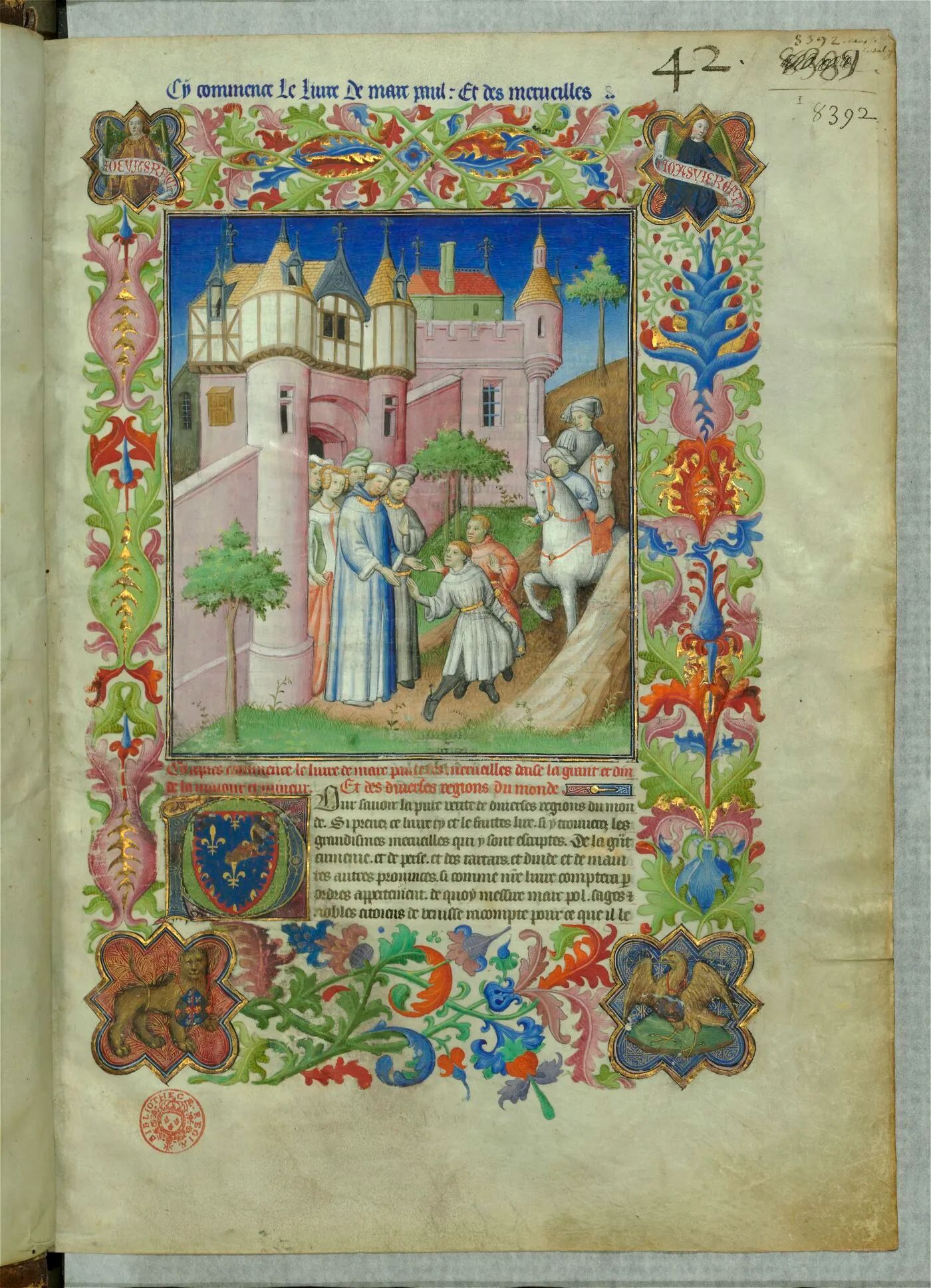 The decorated opening folio of the Livre des merveilles, with a traveller meeting a group outside a city inside an elaborate floral border.