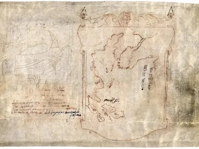A manuscript sheet with a red-ink map in an ornamental frame and a sailing ship drawn in the margin; the catalogued date, attribution, and provenance remain disputed.