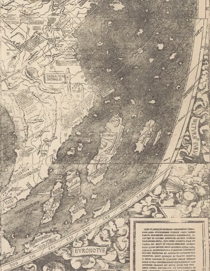 A cropped view of East and Southeast Asia from Waldseemüller's 1507 world map, with dense place names and islands distributed along the map's eastern edge.