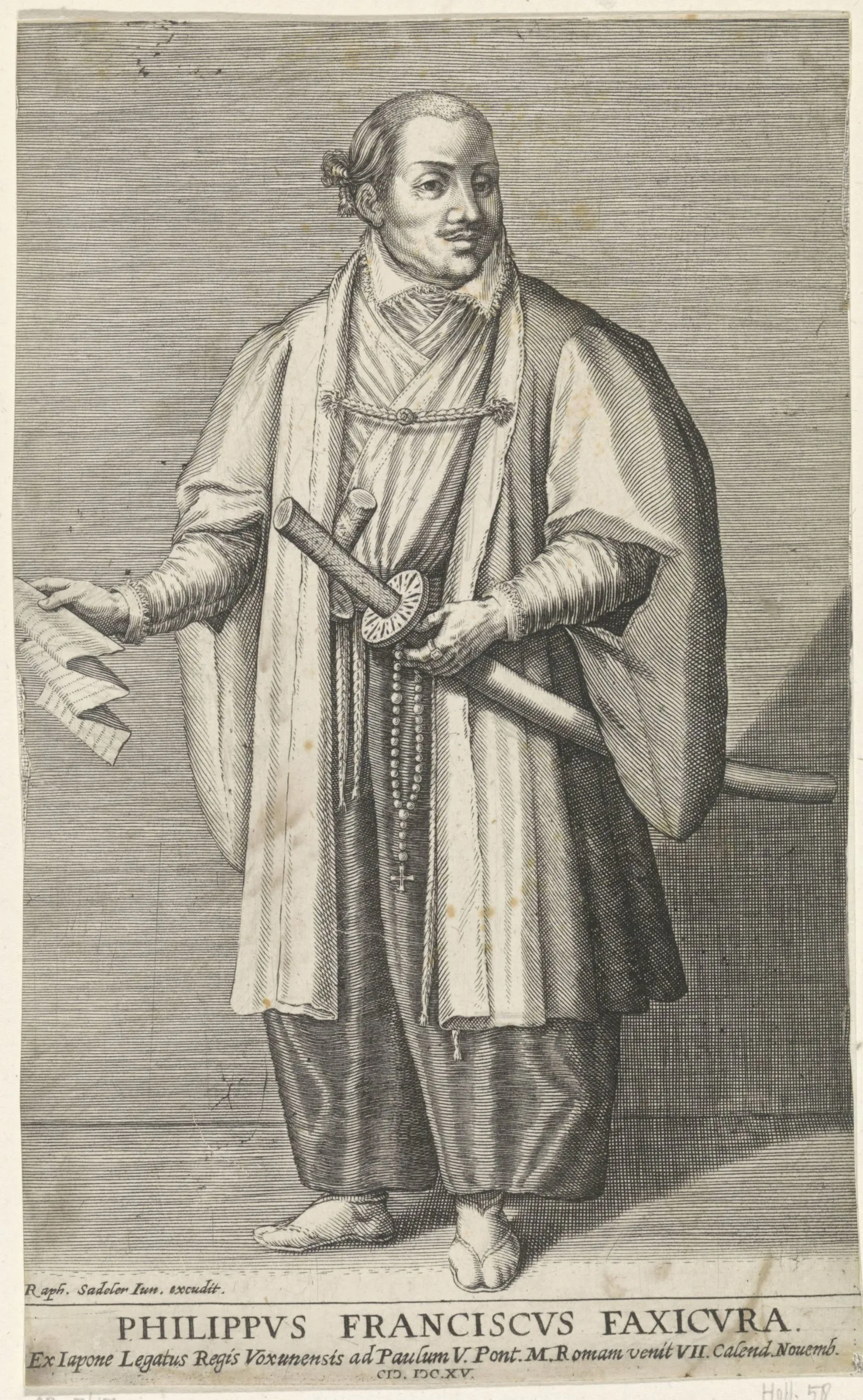 An engraved full-length portrait of Hasekura Tsunenaga wearing Japanese robes and swords, holding a letter and a rosary with a cross.