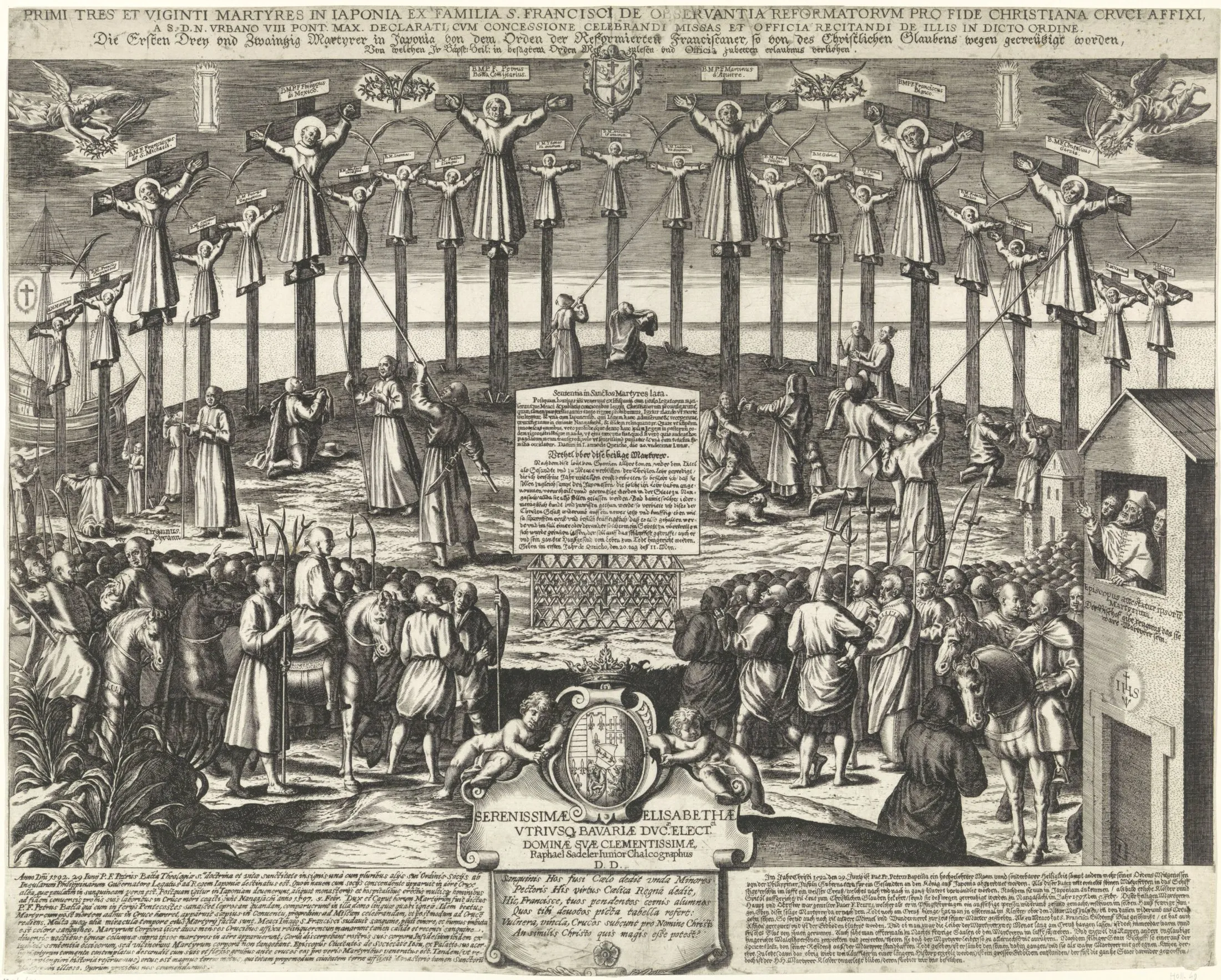 A large engraving of rows of crucified Christian martyrs above soldiers and spectators, with angels, halos, labels, and dense Latin and German inscriptions.