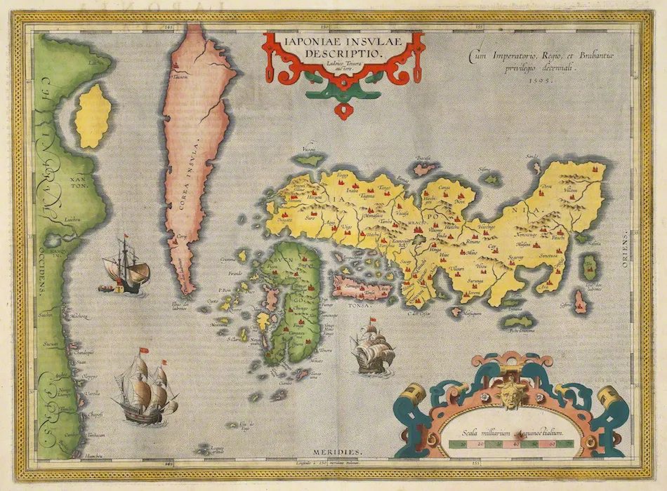 A hand-coloured European map of Japan with dense Latin place names, three ships, an ornate title cartouche, and Korea shown as an elongated island.