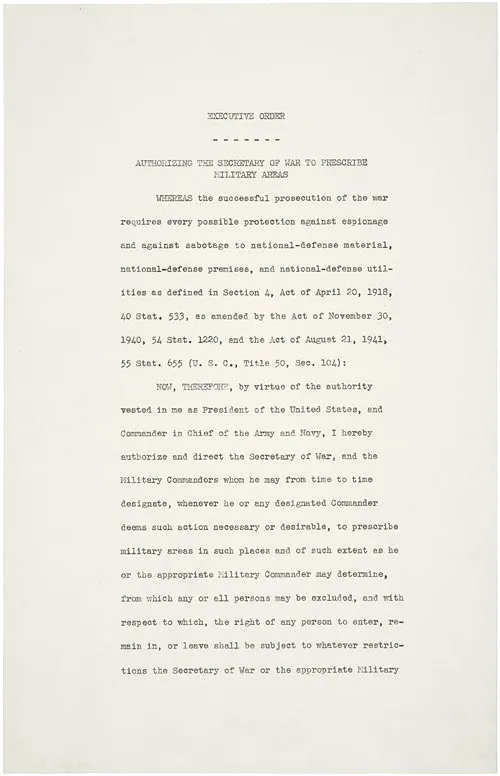 The first typed page of Executive Order 9066 authorises military commanders to prescribe military areas from which any or all persons may be excluded.