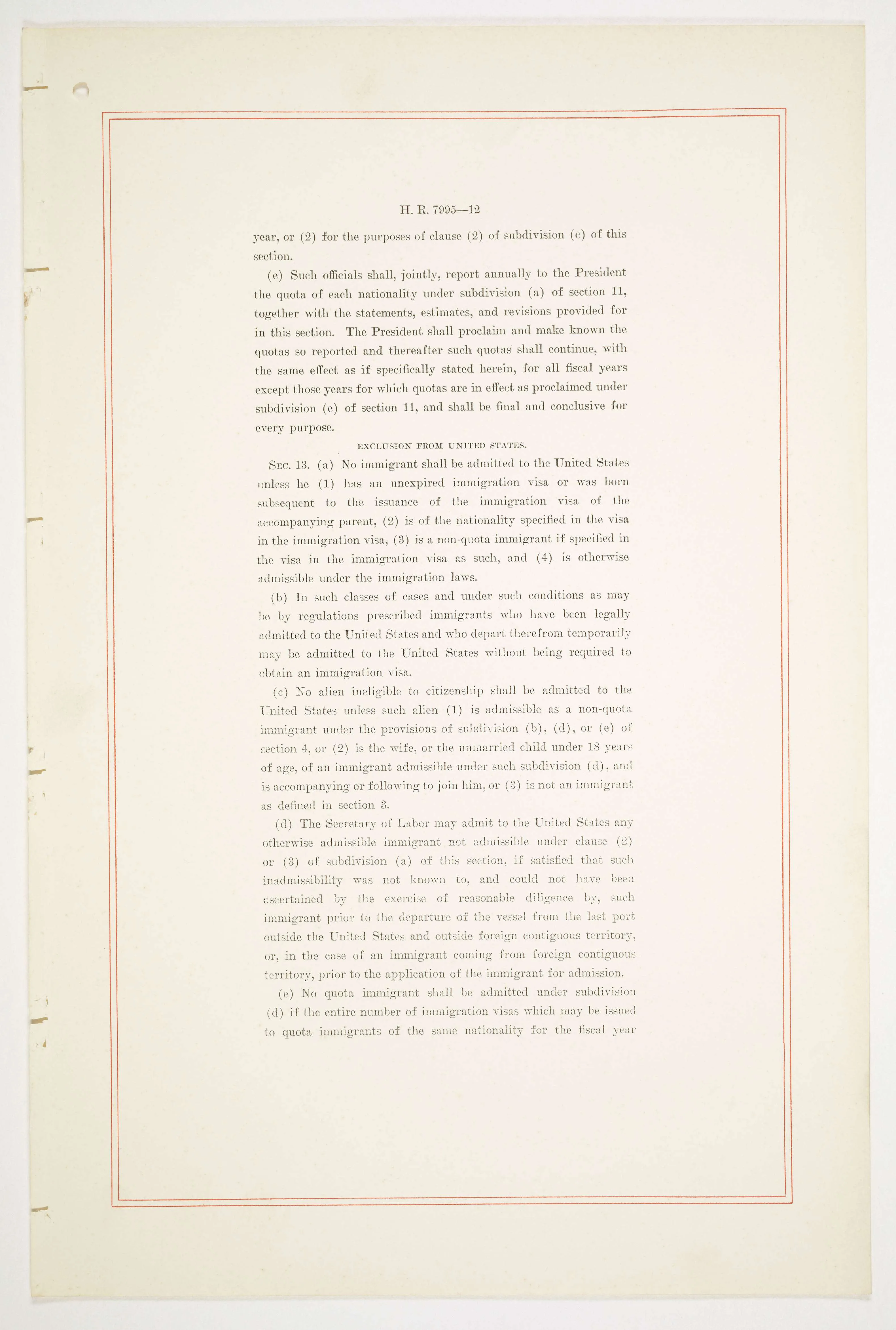 Page twelve of the enrolled Immigration Act of 1924 displays section 13 under the heading Exclusion from United States, including the clause barring aliens ineligible to citizenship.