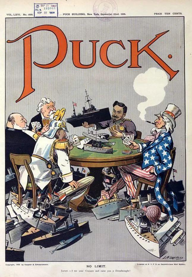 Emperor Meiji sits with the rulers of the United States, Germany, France, and Britain at a poker table, raising the wager with a model dreadnought amid many warships.