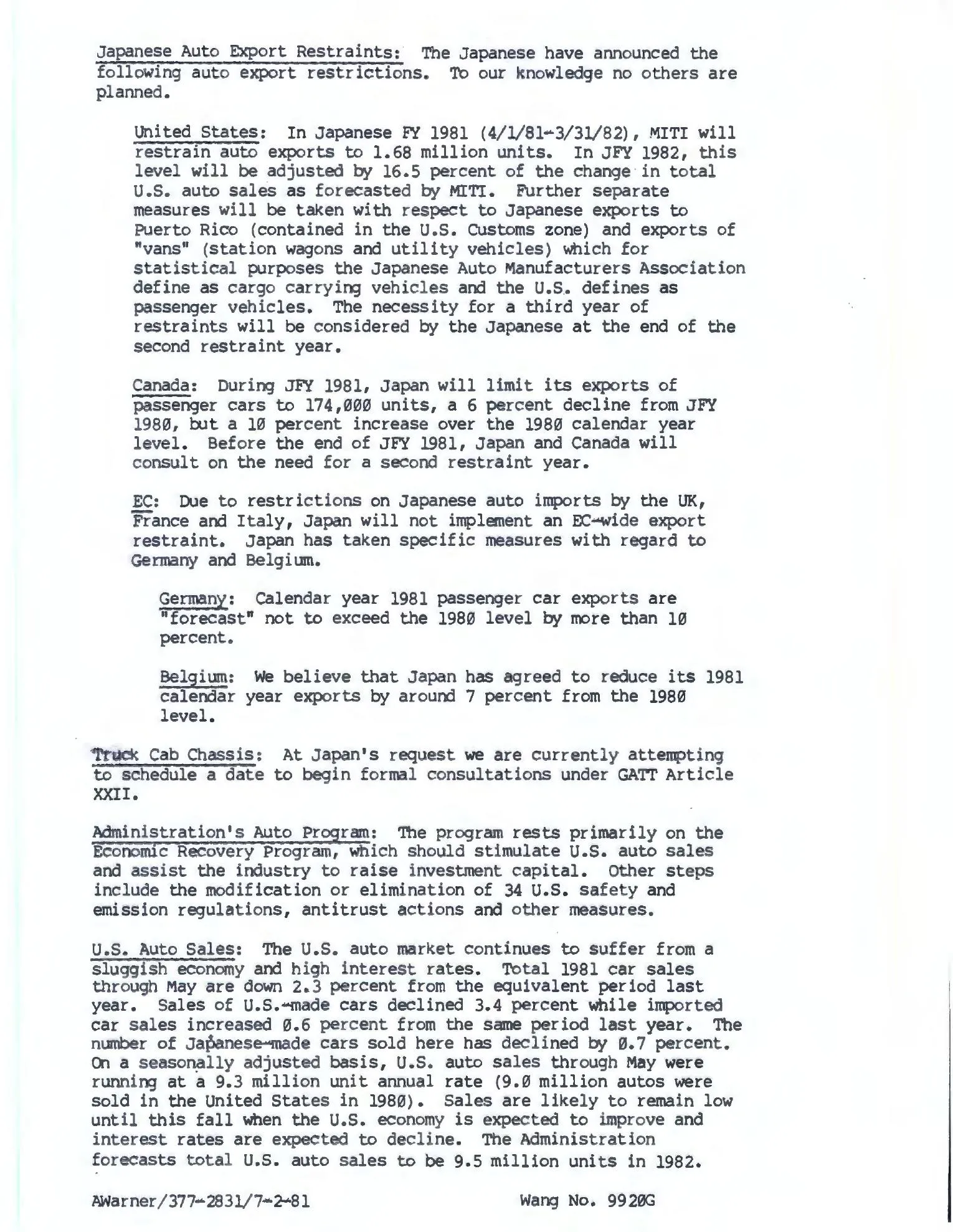 A typewritten government briefing page headed Japanese Auto Export Restraints lists a 1.68 million unit limit for the United States and other country-specific automobile trade measures.