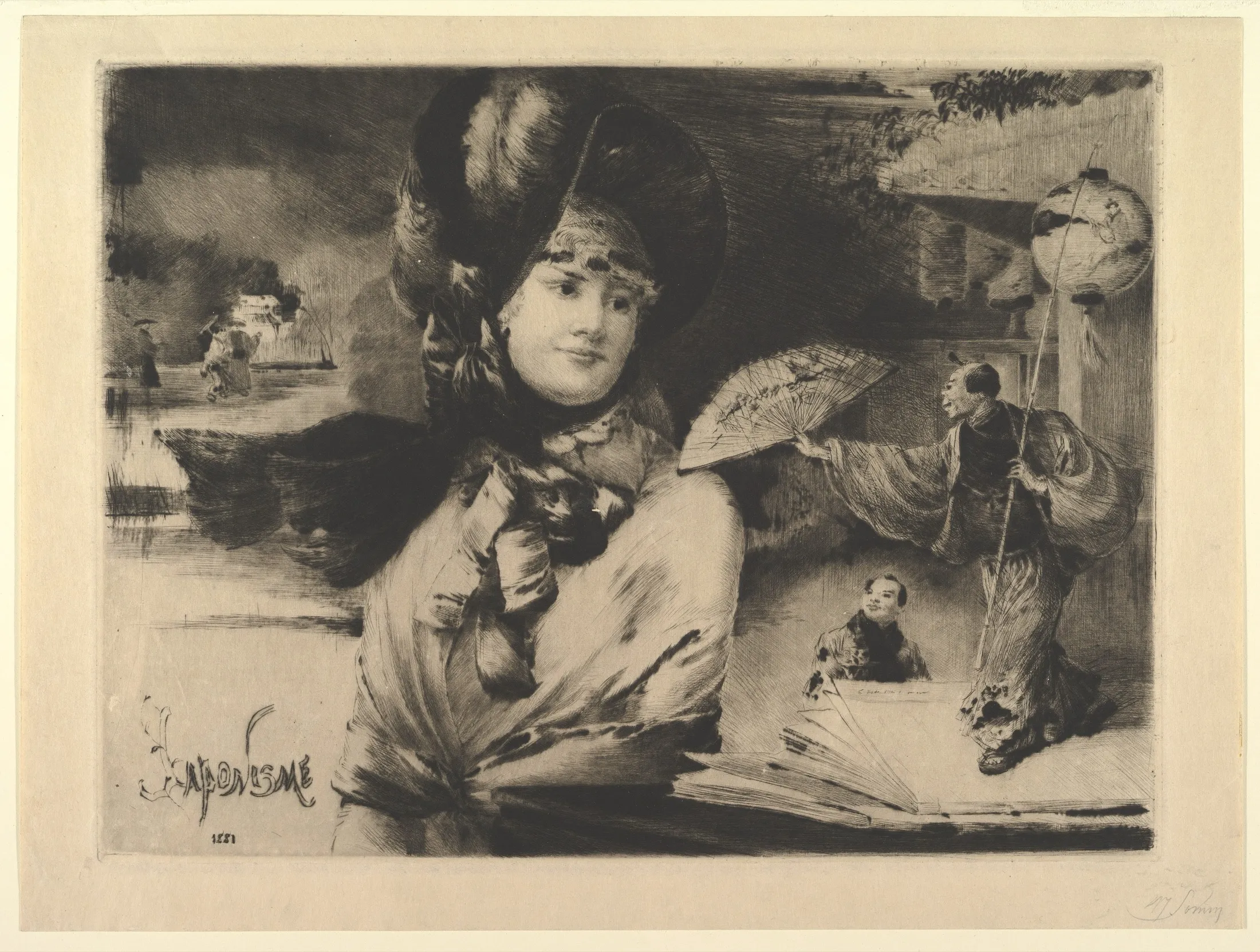 A fashionable white woman dominates a dreamlike print while miniature Japanese men offer a fan and teacup among papers, an open album, and a hanging lantern.