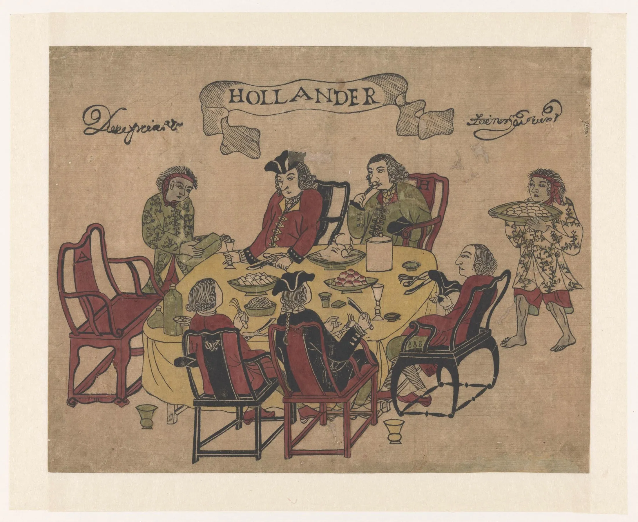 A hand-coloured Japanese woodcut shows five Dutch men eating at a table while two enslaved men from what is now Indonesia serve food and pour a drink.