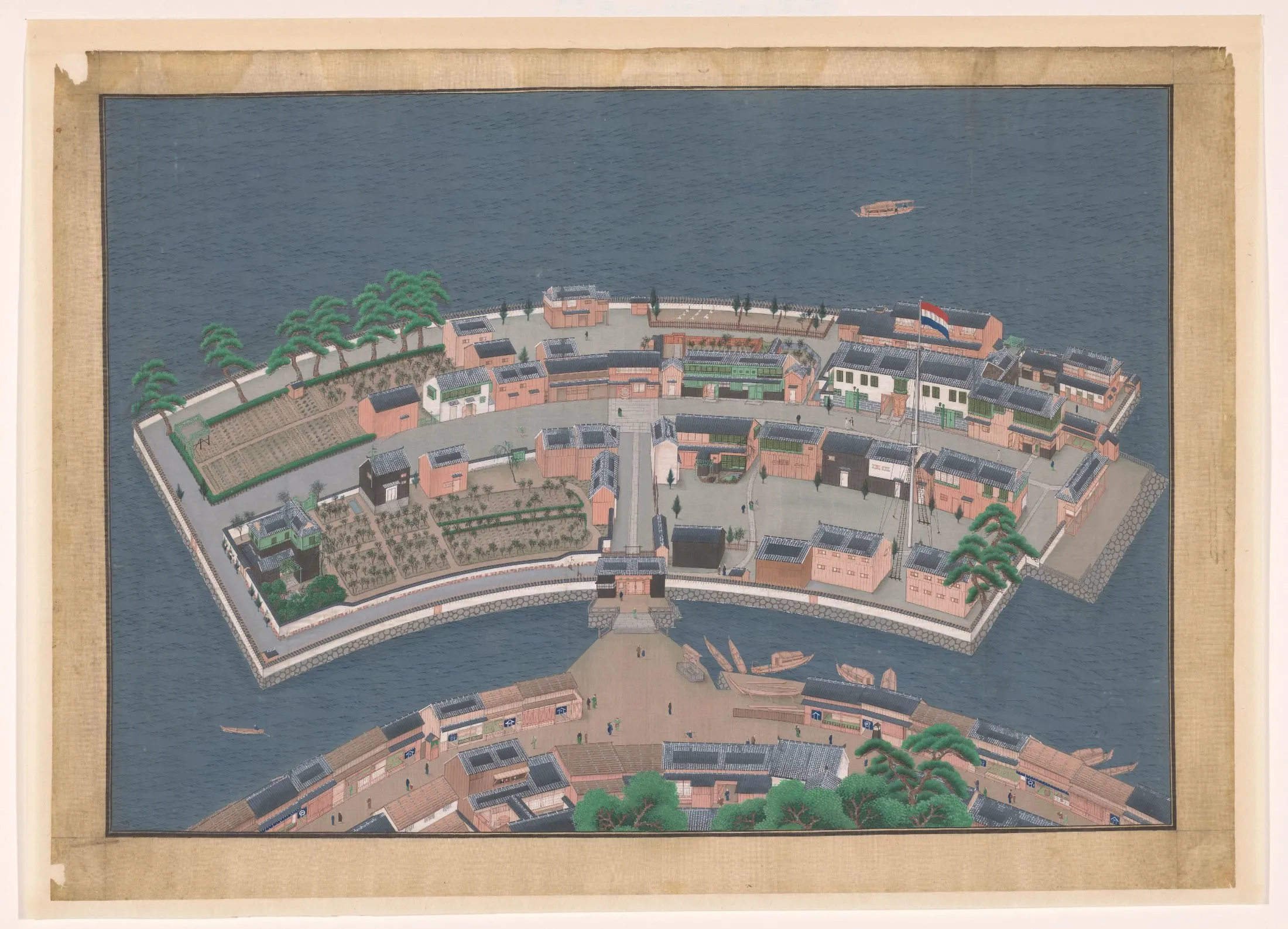 A detailed bird's-eye painting shows the fan-shaped island of Deshima, its bridge, buildings, gardens, shoreline, and small Japanese and Dutch figures.