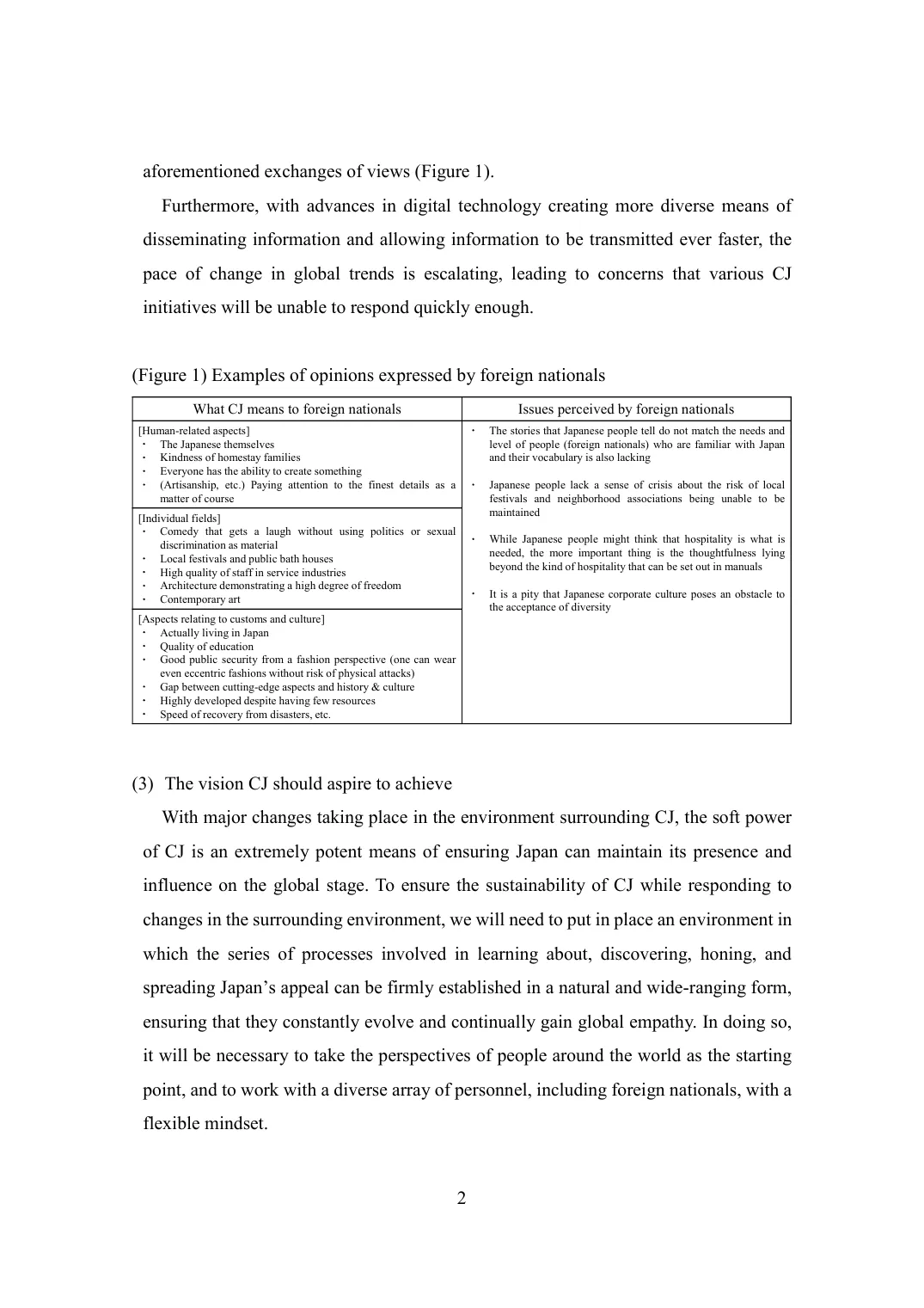 A page from Cool Japan Strategy presents a two-column table of opinions expressed by foreign nationals and a paragraph describing soft power and worldwide perspectives as policy concerns.
